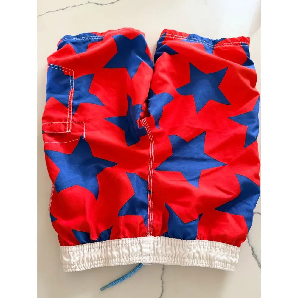 Mini Boden Boys' Swim Trunks - Orange Blue Star Print 7/8